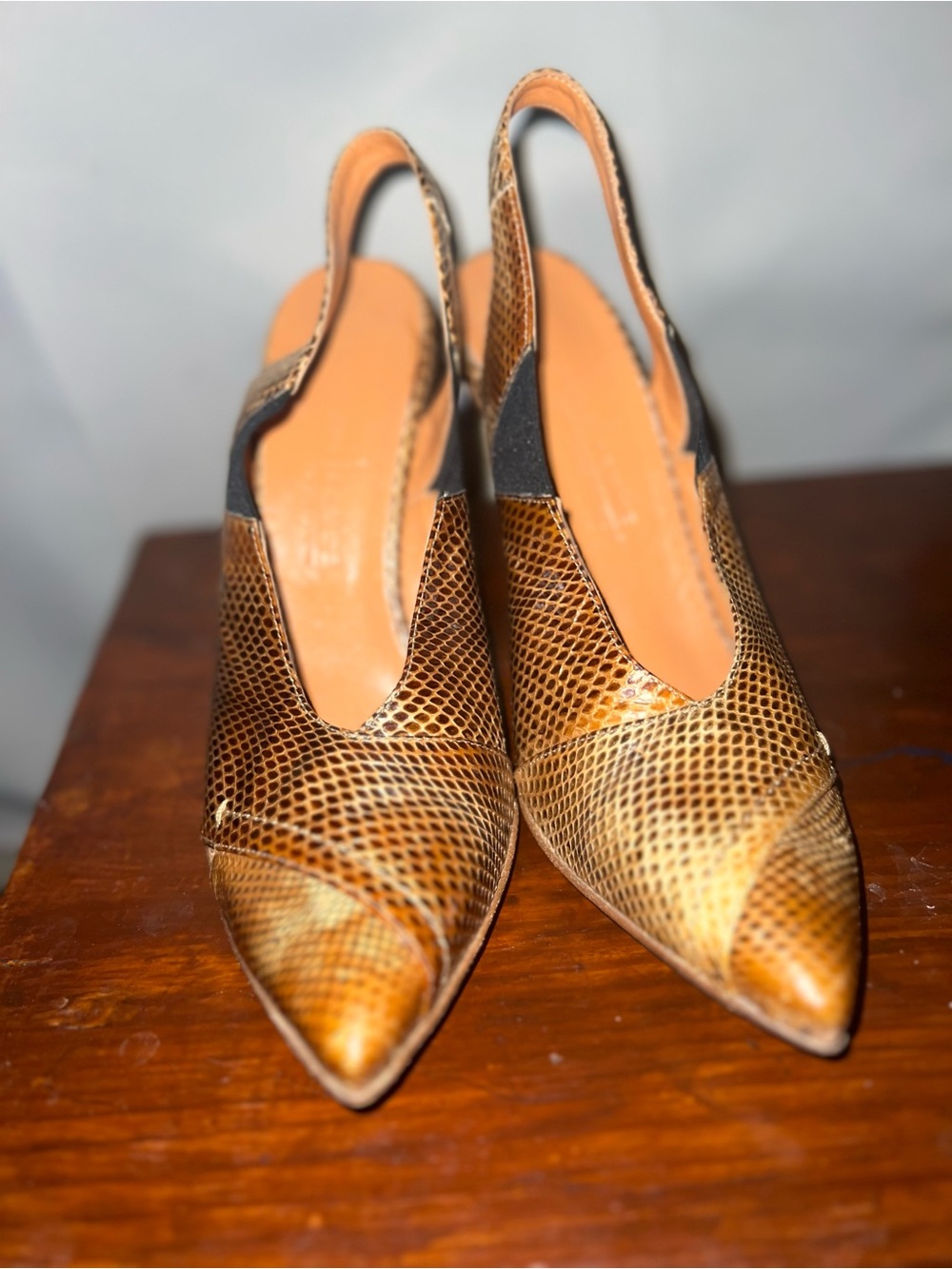 Pointed Slingback Heels in Brown Snake-Print Embossed Leather Made in Italy 37.5
